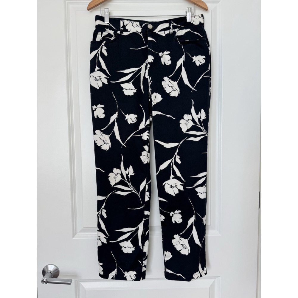 Lauren Ralph Lauren Black White Floral Pants Women Size 10 Straight Leg Stretch